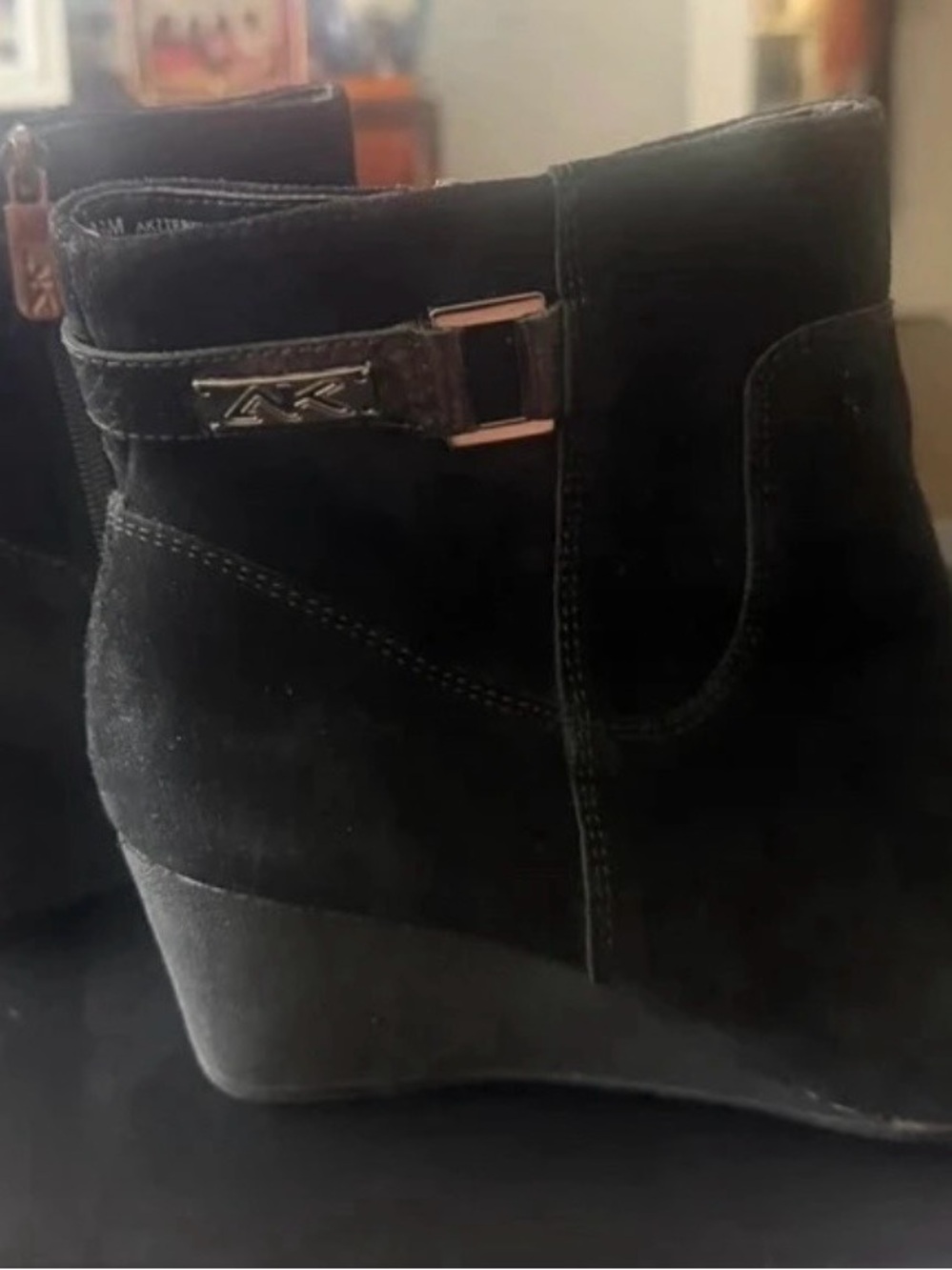 Anne Klein Black Suede Wedge Ankle Booties with AK Buckle